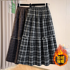 批发实拍大码女装冬装新款胖mm气质复古格纹木耳边拼接高腰显瘦半身裙