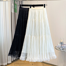 批发实拍大码女装春夏新款胖mm气质木耳边双层减龄显瘦中长款半身裙子