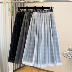 批发实拍大码女装春夏新款胖mm气质网纱拼接格子花苞裙正反两穿半身裙