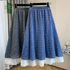 批发实拍大码女装春款胖mm复古气质蕾丝花边双层棉麻遮肚显瘦半身裙子