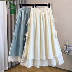 批发实拍<b class='q'>大码</b>女装春季新款胖mm气质蕾丝花边蝴蝶结双层遮肚显瘦半身裙