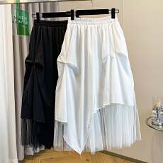 批发实拍<b class='q'>大码</b>女装春款胖mm气质设计感褶皱双层网纱拼接减龄显瘦半身裙