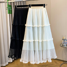 批发实拍<b class='q'>大码</b>女装春夏新款胖mm法式气质木耳边双层网纱拼接半身蛋糕裙