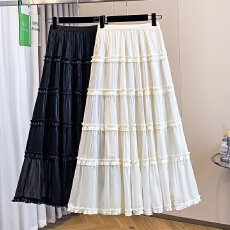 批发实拍大码女装春夏新款胖mm法式气质流光纱多层木耳边中长款<b class='q'>半身</b>裙