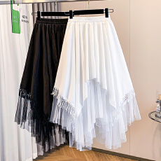 批发实拍大码女<b class='q'>装</b>春夏新款胖mm法式气质不规则流苏网纱拼接大摆半身裙