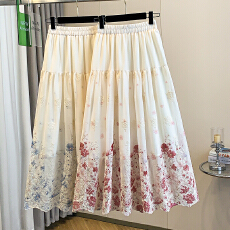 批发实拍大码女<b class='q'>装</b>春夏新款胖mm气质国风花朵刺绣遮肚显瘦A字半身裙子