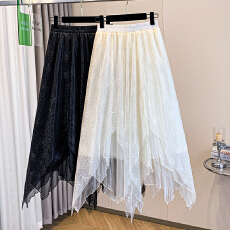 批发实拍大码女<b class='q'>装</b>夏<b class='q'>装</b>新款胖mm法式气质不规则网纱蕾丝拼接大摆半身裙