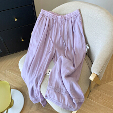 批发实拍 紫色双层苎麻提花裙<b class='q'>裤</b>女2026年春季新款透气<b class='q'>显瘦</b>阔腿<b class='q'>裤</b>子