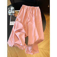 批发实拍 粉抽绳松紧腰棉麻休闲<b class='q'>裤</b>女春季2026高腰直筒<b class='q'>显瘦</b>薄款阔腿<b class='q'>裤</b>