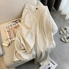 批发实拍 卡其色<b class='q'>亚麻</b><b class='q'>阔腿裤</b>女高腰松弛感直筒休闲长<b class='q'>裤</b>