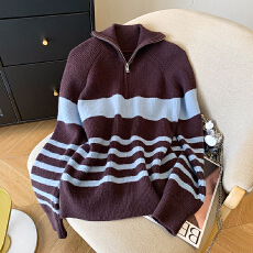批发实拍撞色条纹半拉链翻领软糯套头毛衣<b class='q'>女</b>秋冬外搭慵懒风宽松针织衫