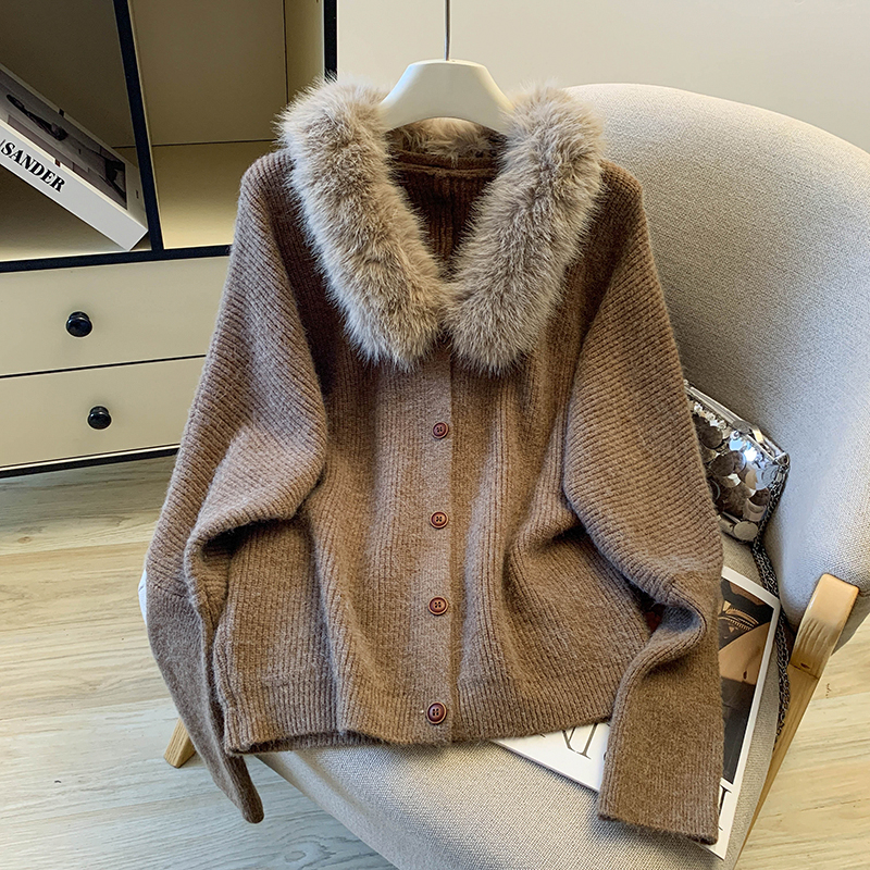 MY16610# 慵懒风咖色毛毛领针织开衫超火独特漂亮冬装女裝貨源服裝批發