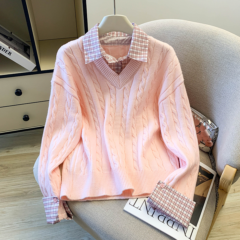 MY16609# 洋气时尚百搭假两件粉色格子拼接麻花毛衣套头针织衫女上衣女...