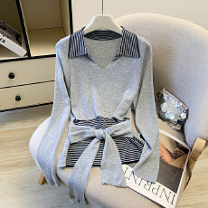 批发实拍 条纹系带Polo领<b class='q'>针织衫</b>女2026新款设计感减龄显瘦上衣