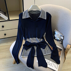 批发实拍 条纹系带Polo领<b class='q'>针织衫</b>女2026新款设计感减龄显瘦上衣