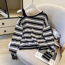 批发实拍 复古条纹斜肩长袖t恤女2026新款春秋宽松休闲百搭显瘦<b class='q'>上衣</b>