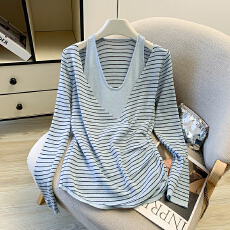 批发实拍 背心假两件交叉V领特别漂亮掐腰长袖T恤女春季设计感上衣