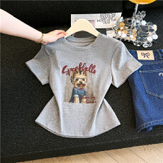 批发实拍 卡通小狗<b class='q'>印花</b>短袖T恤女2026夏季新款圆领修身上衣日常穿搭