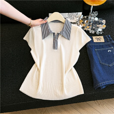 批发实拍 翻领针织短袖上衣女2026<b class='q'>春</b>季新款拼接半袖高智感气质上衣潮