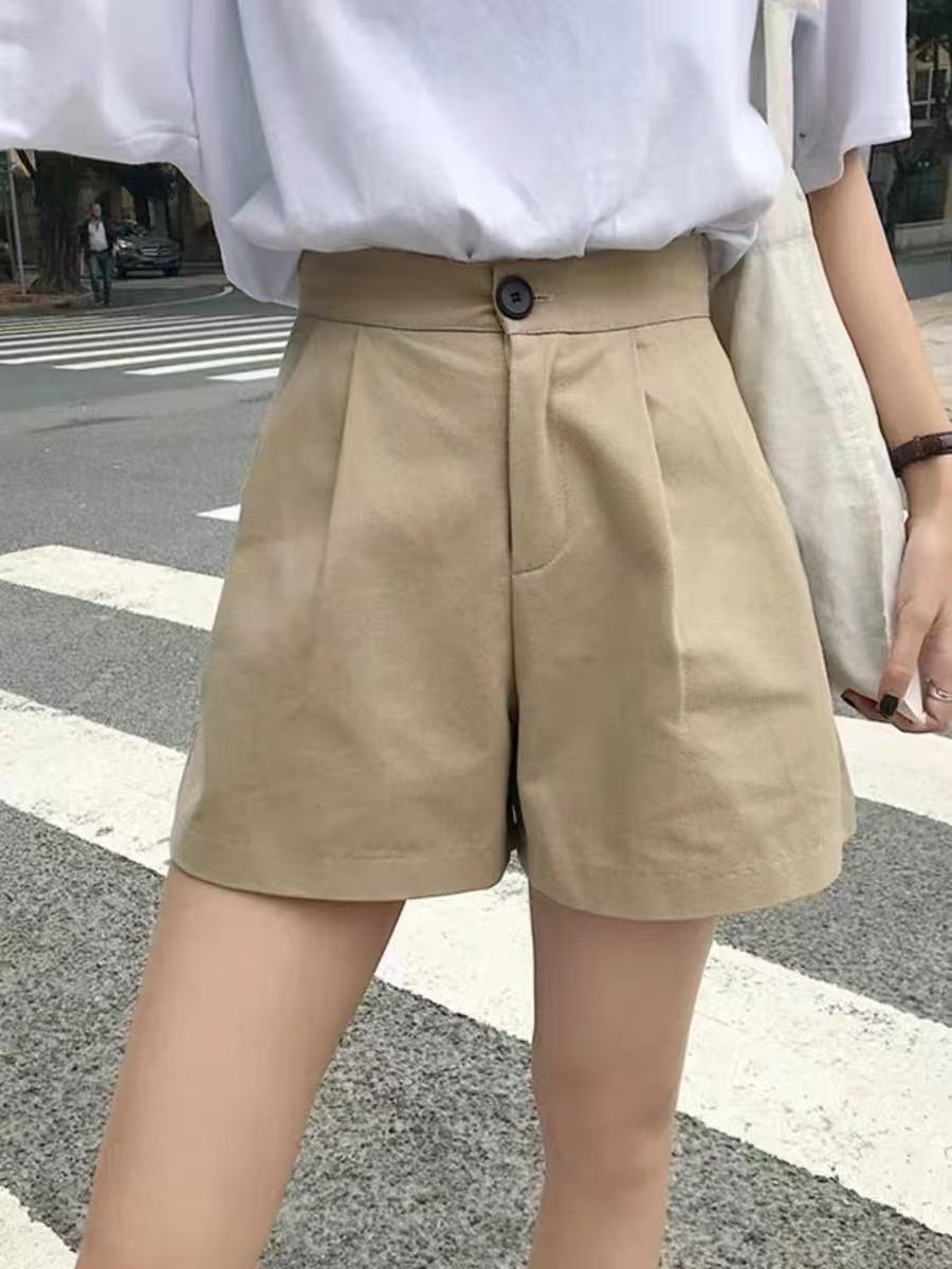 카키 색 한 마 아마 반바지 여성 여름 새로운 한 마디 와이드 레그 팬츠