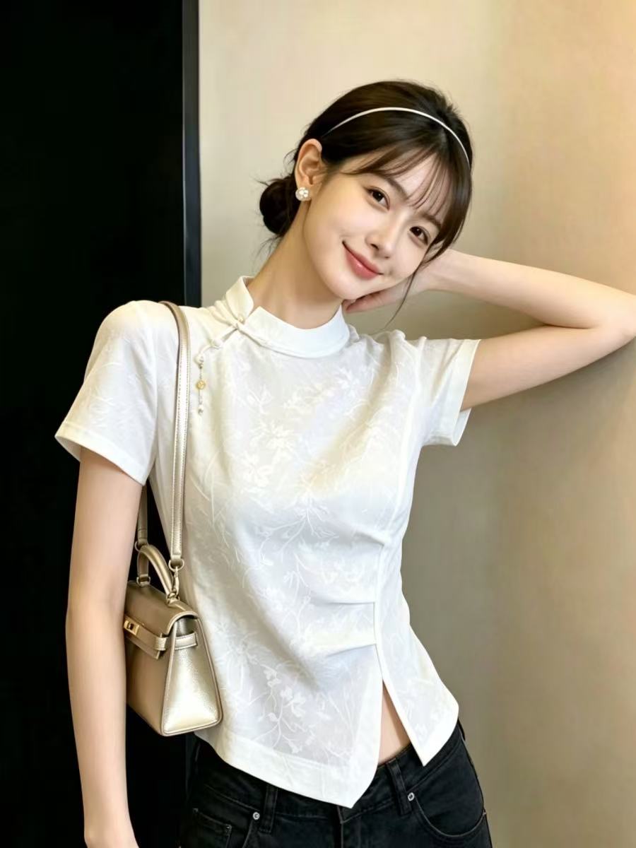 실사 새로운 중식 얇고 가벼운 자카드 비스듬한 襟 단추 스탠드 칼라 트임 불규칙 반팔 여성 셔츠 여름
