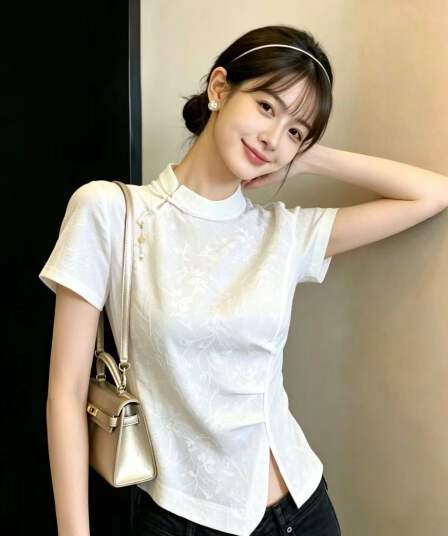 실사 새로운 중식 얇고 가벼운 자카드 비스듬한 襟 단추 스탠드 칼라 트임 불규칙 반팔 여성 셔츠 여름