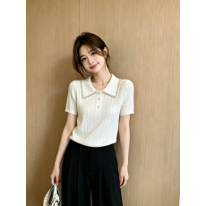批发显<b class='q'>气质</b>绝了~韩版重工烫钻花边翻领短袖t恤女夏季百搭修身短款上衣