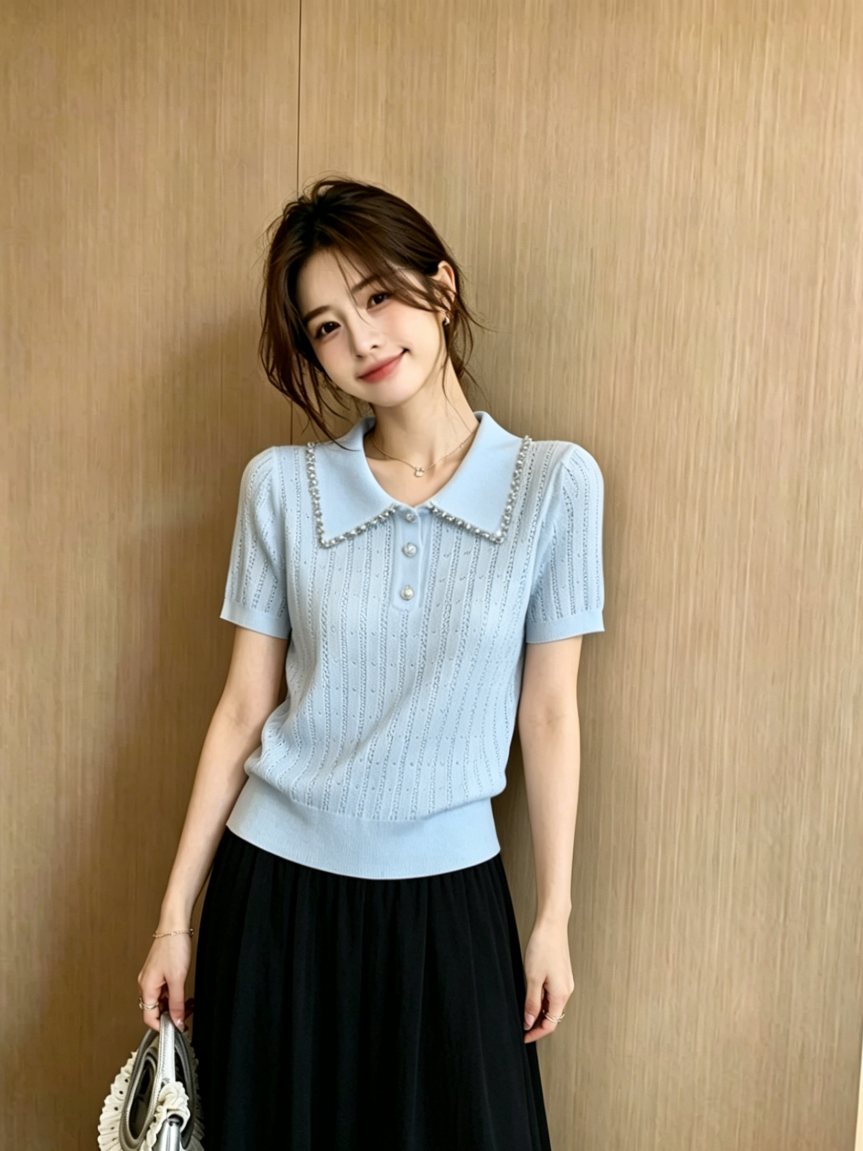 디스플레이 품격 절대적으로 한국 스타일 무거운 작업 핫픽스 레이스 폴로 칼라 반팔 티셔츠 여성 여름 다용도 몸매 가꾸기 쇼트 스타일 맨위