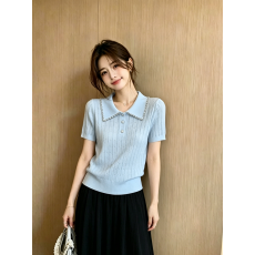 批发显<b class='q'>气质</b>绝了~韩版重工烫钻花边翻领短袖t恤女夏季百搭修身短款上衣