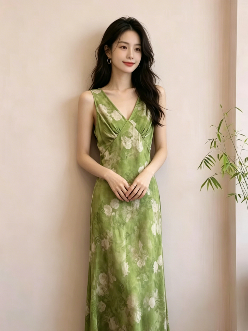 자이언트 잘 생긴 ~ 중 서리가 내린 부서 고급 센스 단순한 관대 한 녹색 민소매 꽃무늬 점프 슈트 치마 여성 의류 여름