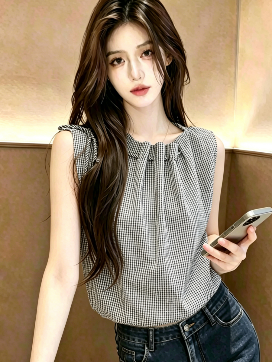 실사 새로운 서리가 내린 부서 체크무늬 민소매 여성 셔츠 몸매 가꾸기 슬림해 보이는 조끼 맨위