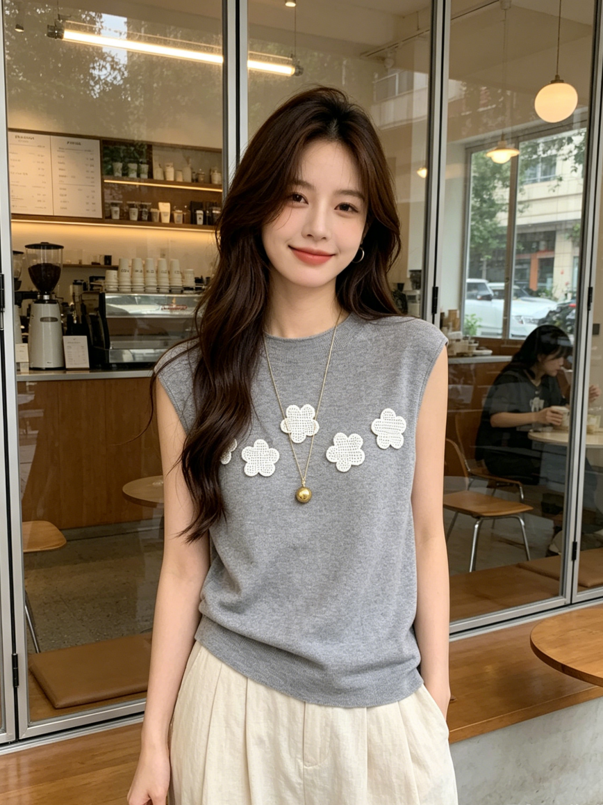 실사 반하이넥 꽃 자수 몸매 가꾸기 슬림해 보이는 디자인 민소매 니트 스웨터 조끼 여성 여름