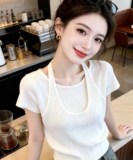 페이크 레이어드 행침 목 반팔 니트 스웨터 여성 화이트 슬림해 보이는 다용도 작은 대중 디자인 센스 맨위 여름 새로운 2026