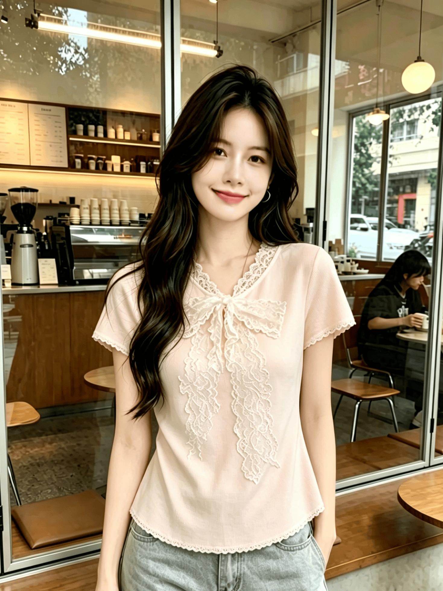 도파민 레이스 나비 매듭 V넥 니트 맨위 여성 여름 작은 키 달콤한 매운맛 허리 수축 슬림해 보이는 반팔 티셔츠 얇은