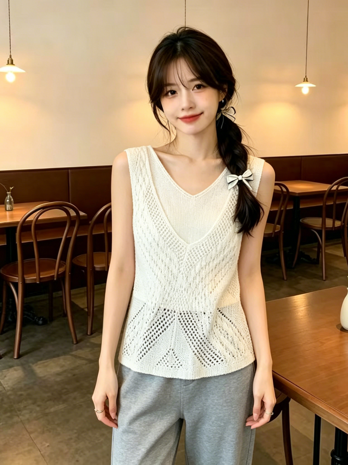프랑스식 캐주얼 V넥 홀로우 아웃 니트 민소매 티셔츠 여성 셔츠 2026 여름 새로운 작은 청신 몸매 가꾸기 조끼 여성