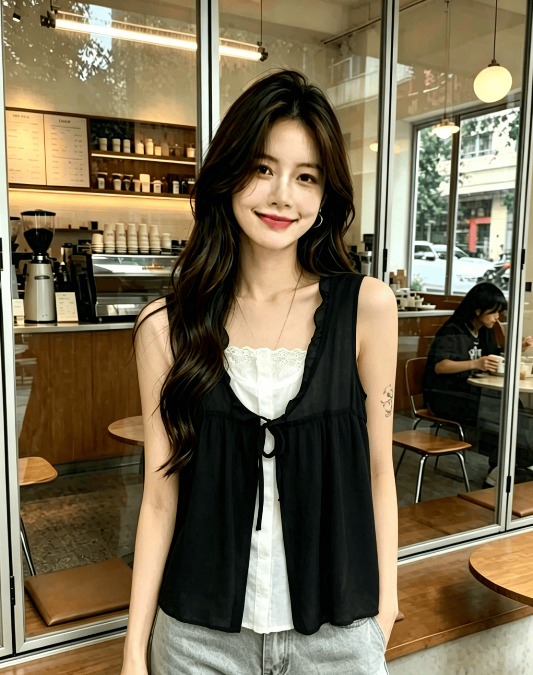 한 부서 레이스 측면 검정색 캐미솔 외출용 여성 여름 2025 새로운 디자인 센스 페이크 레이어드 민소매 맨위