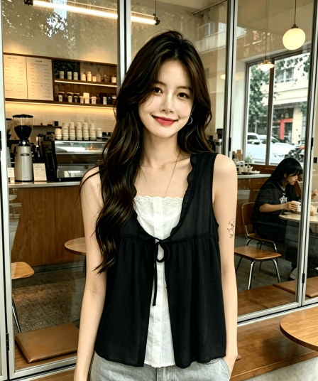 한 부서 레이스 측면 검정색 캐미솔 외출용 여성 여름 2025 새로운 디자인 센스 페이크 레이어드 민소매 맨위