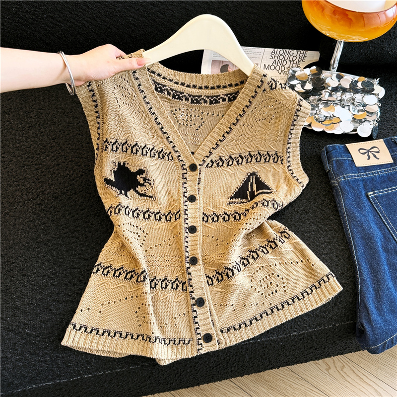실사 V넥 기하학 패턴 니트 오픈 가디건 여성 유럽 상품 2026 여름 싱글 줄 버튼 슬림해 보이는 다용도 베스트 조끼