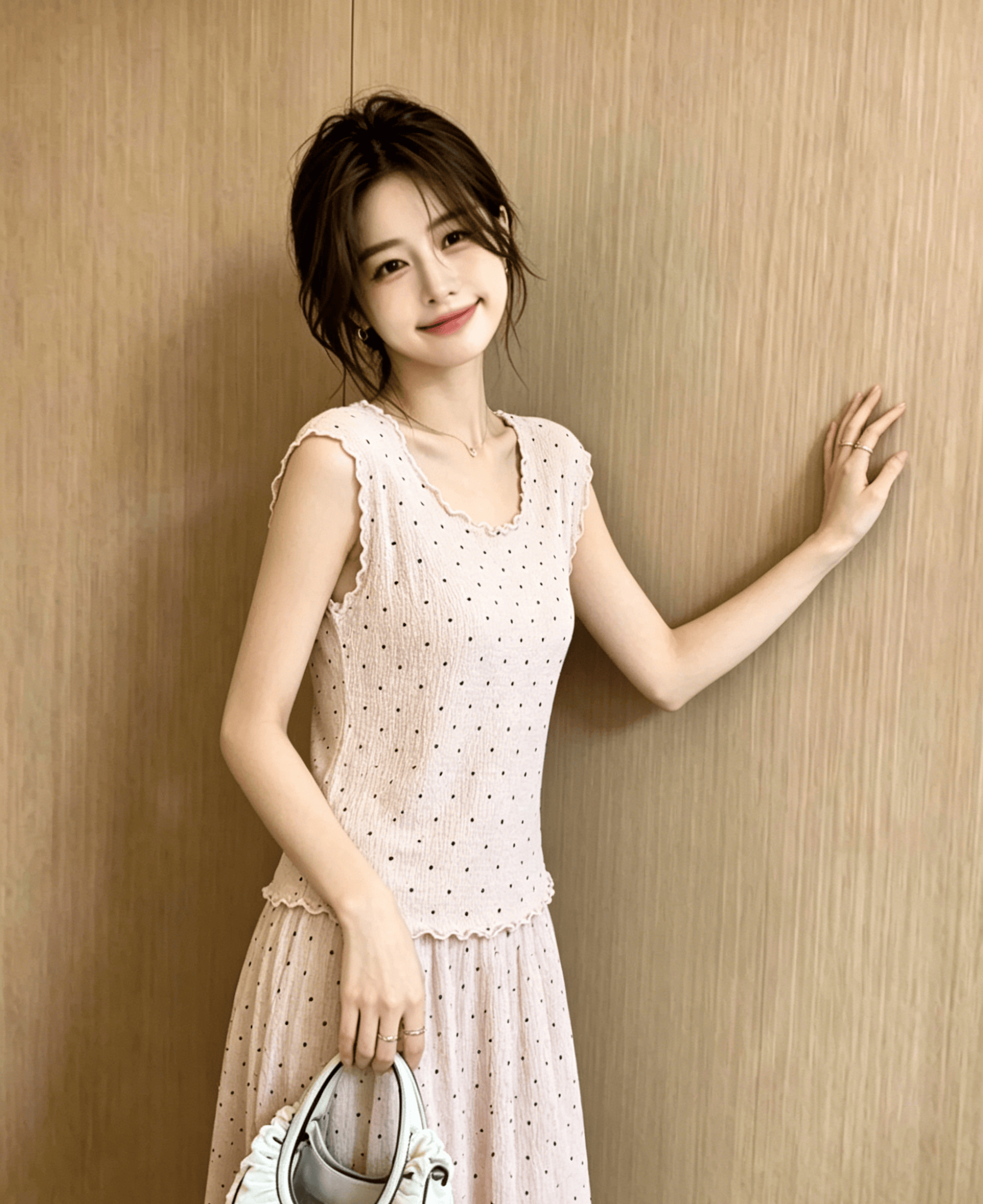 실사 자이언트 잘 생긴 프릴 Feifei 소매 티셔츠 여성 디자인 센스 달콤한 핫걸 몸매 가꾸기 배색 도트 무늬 맨위 여름
