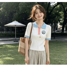 批发实拍 小香风撞色拼接polo衫女短袖夏季新款设计感甜美洋气短款