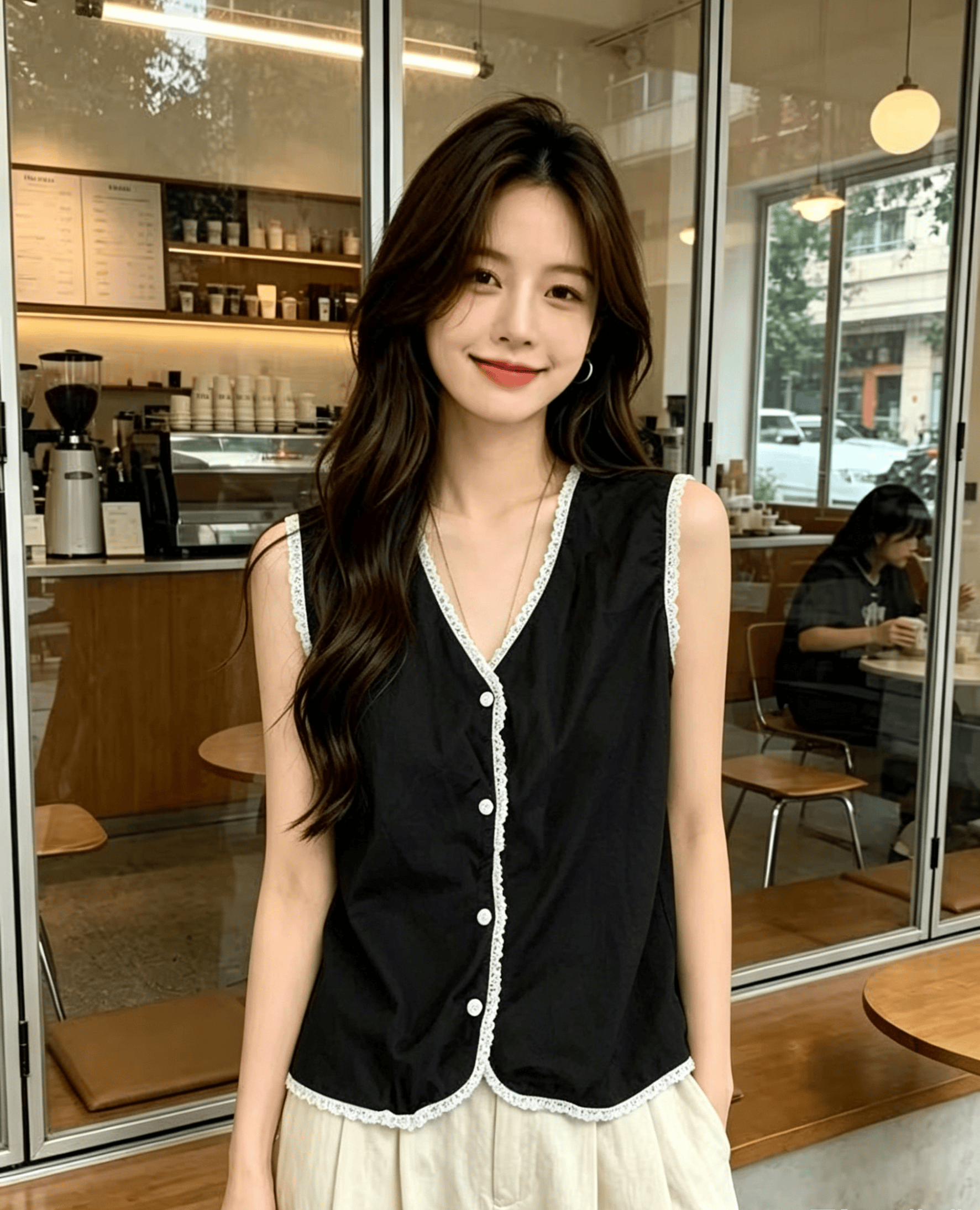 실사 한 부서 V넥 레이스 조각 면 린넨 민소매 조끼 여성 여름 외출용 패션 다용도 베스트 재킷