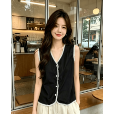 批发实拍 韩系V领蕾丝拼接棉麻无袖<b class='q'>背心女</b>夏外穿时尚百搭马甲外套