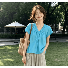 批发实拍 夏季新款时尚圆领套头<b class='q'>衬衫</b>女日系风格穿搭泡泡袖洋气显瘦