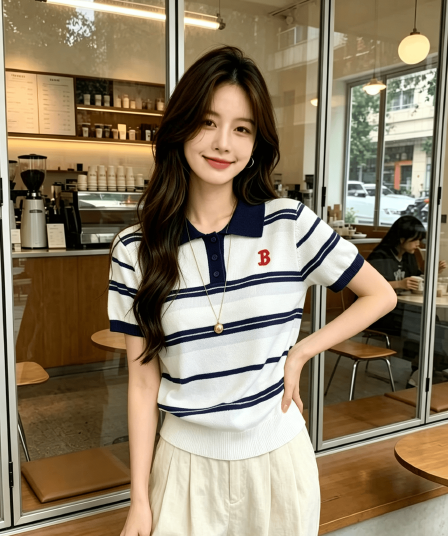 실사 학원 스타일 배색 스트라이프 POLO 칼라 여성 여름 새로운 아메리칸 루즈핏 캐주얼 다용도 맨위