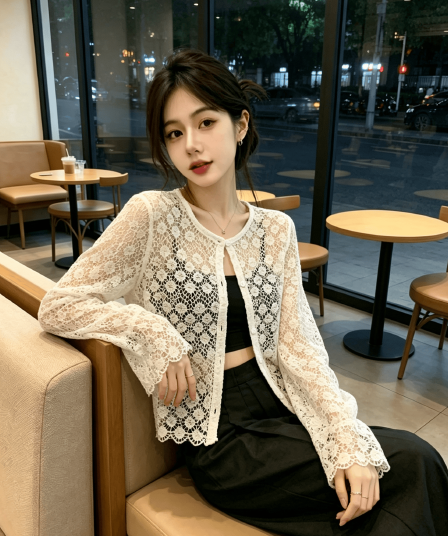 실사 한 부서 품격 라운드 넥 자수 홀로우 아웃 자외선 차단 통기성 긴팔 니트 오픈 가디건 여성 에어컨 셔츠
