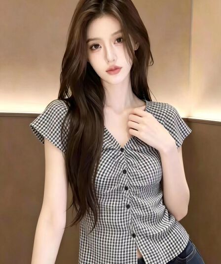 실사 체크무늬 V넥 반팔 여성 셔츠 몸매 가꾸기 디자인 센스 주름 트임 Chic 작은 셔츠 맨위
