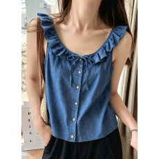 批发实拍 甜美减龄褶皱系带<b class='q'>无袖</b>纽扣背心女别致百搭牛仔蓝上衣