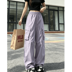 批发实拍 2026韩风紫色降落伞工装裤 美式抽绳阔腿束脚机能裤