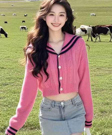 실사 새로운 한 부서 도파민 해군 칼라 로즈 레드 스웨터 니트 카디건 코트 여성 짧은 맨위