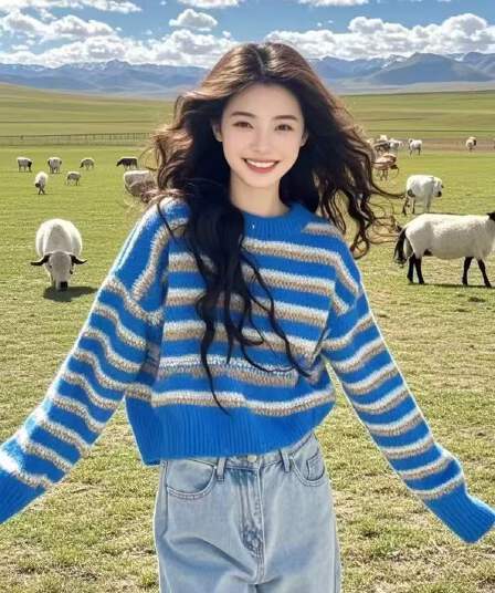 실사 새로운 이른 가을 느긋한 바람 착용 가져 가라. 프랑스식 레트로 파란색 스트라이프 스웨터 니트 스웨터 여성 연령 감소 맨위